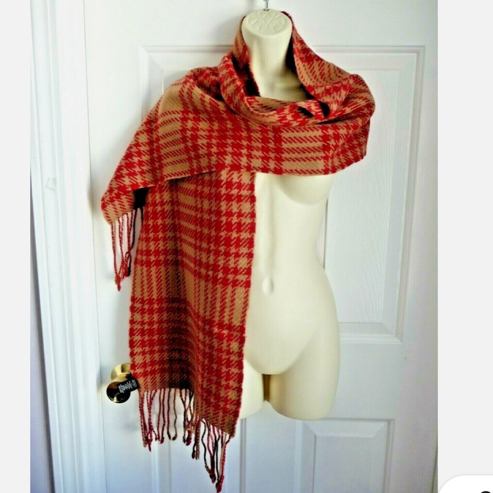 Banana Republic Scarf Brown Red Wool Blend Houndstooth Plaid Fringed 12"x72"